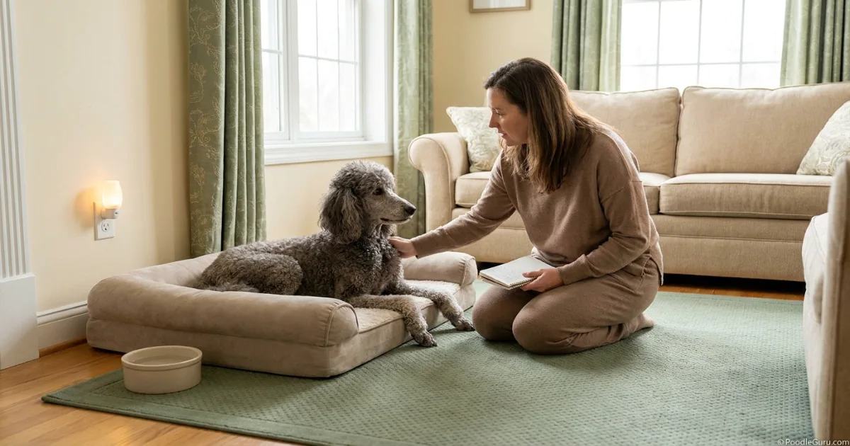 Owner completing a gentle monthly body and mobility check for a senior Standard Poodle