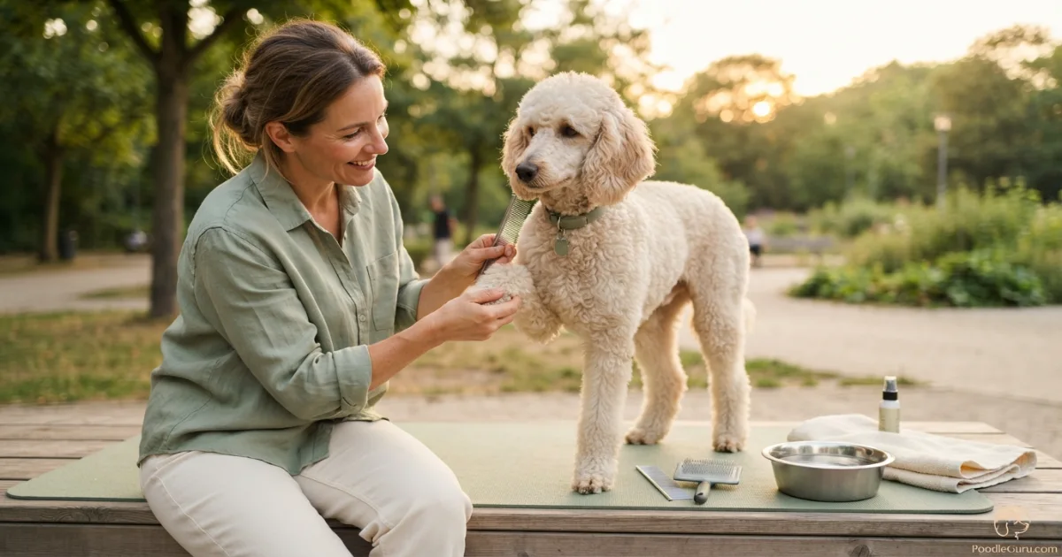 Owner brushing and checking a poodle after a dog park visit