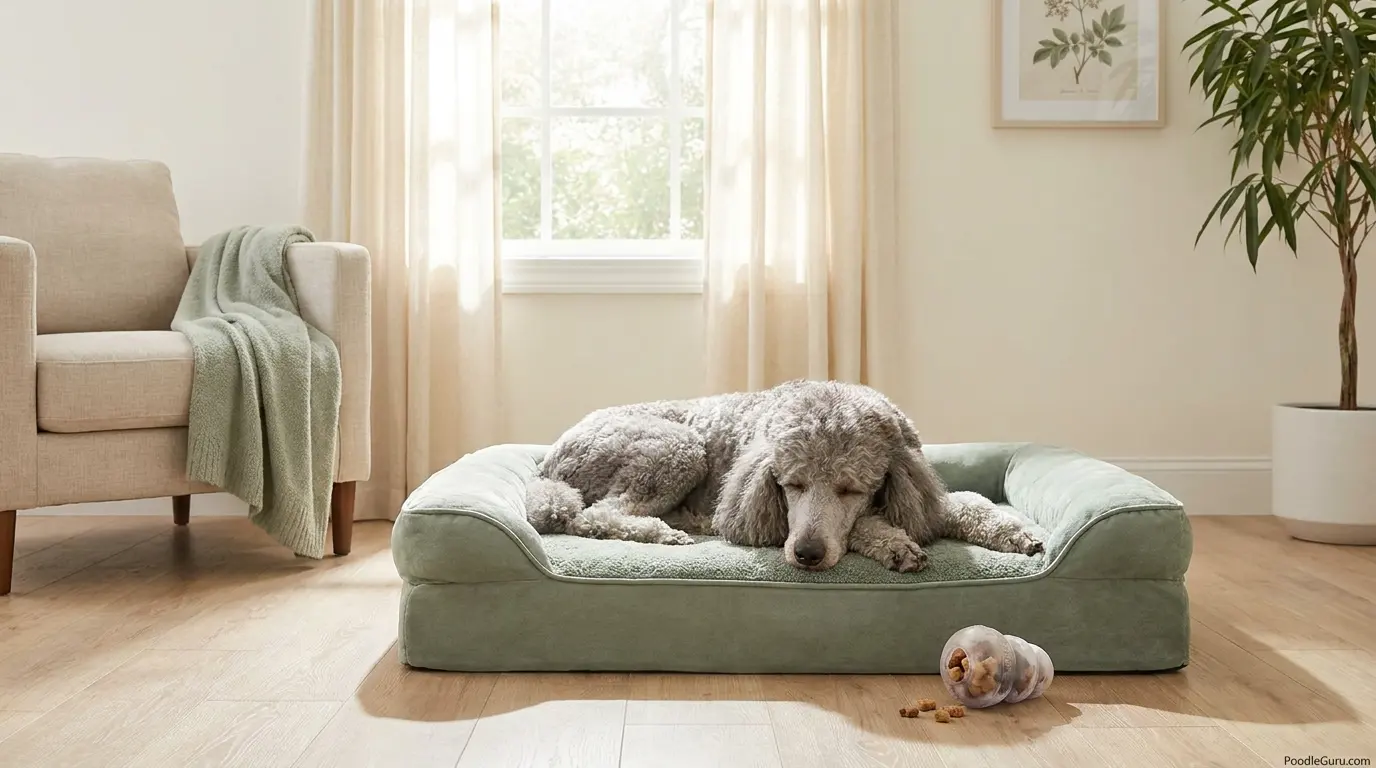 Miniature Poodle near a lightly scratched door showing exit-focused separation distress