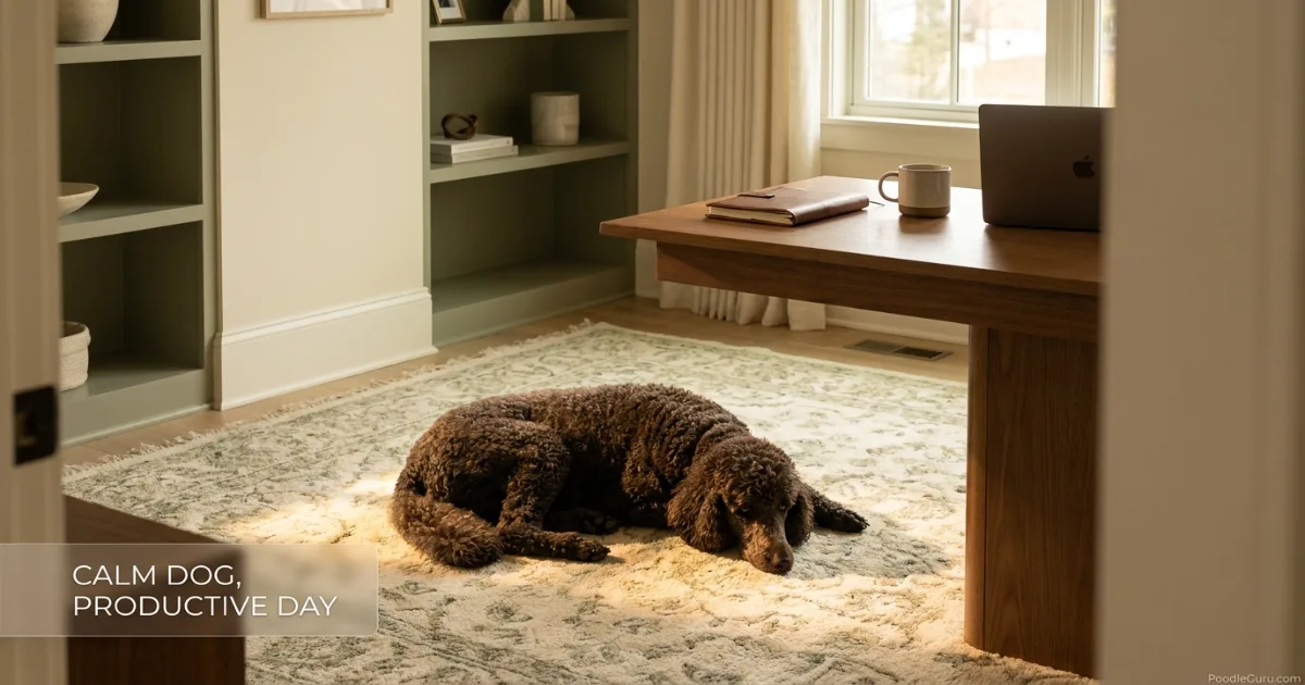 Standard Poodle resting peacefully while its owner works from home