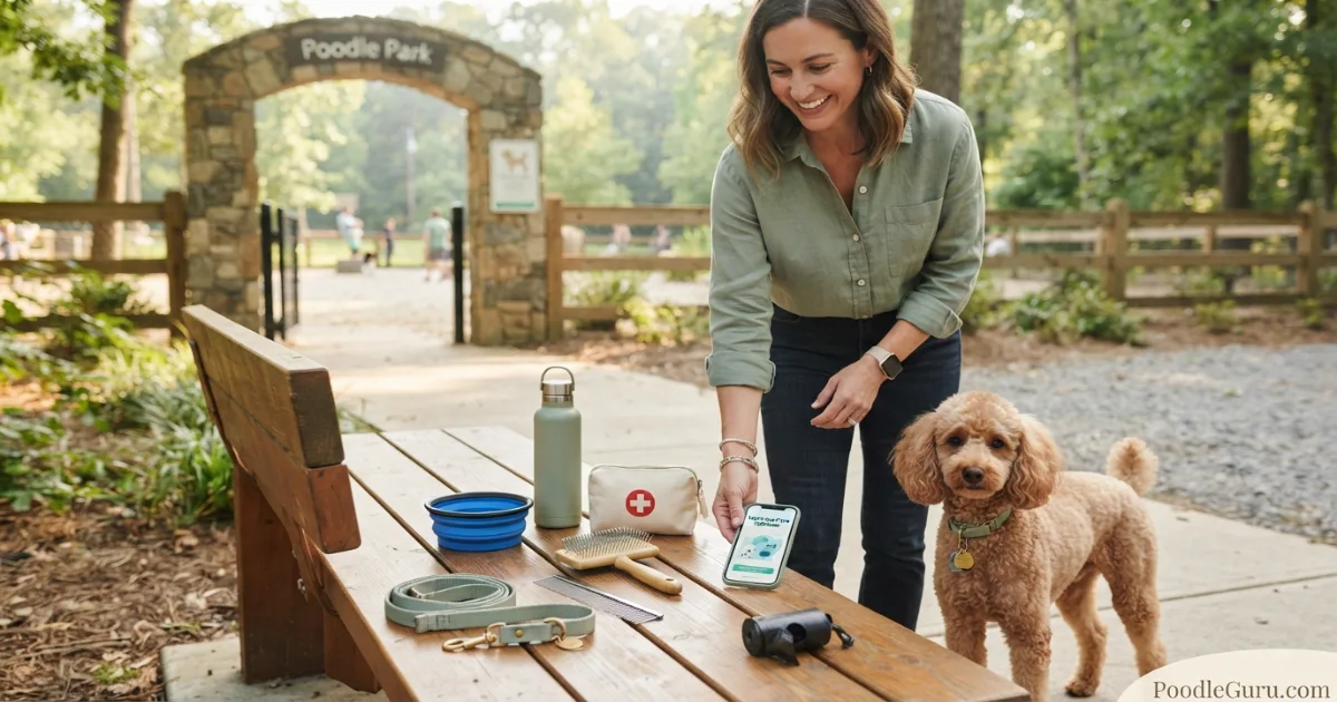 Poodle owner preparing leash water brush and vaccination information before a dog park visit