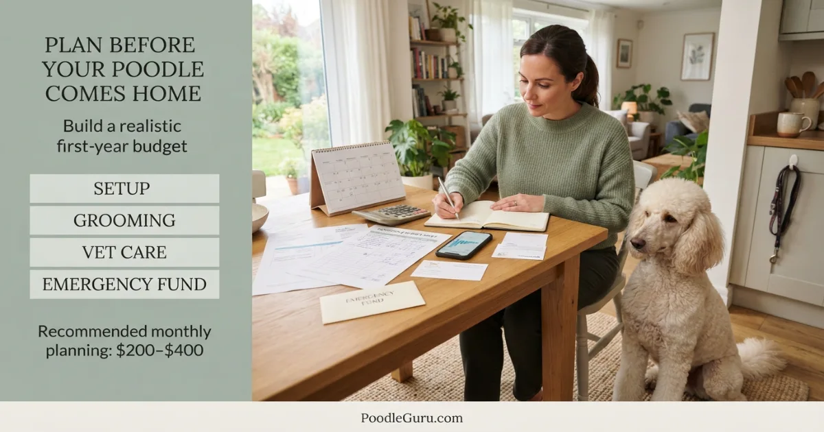 Owner budgeting with a calculator and a Poodle, planning for the cost of owning a Poodle
