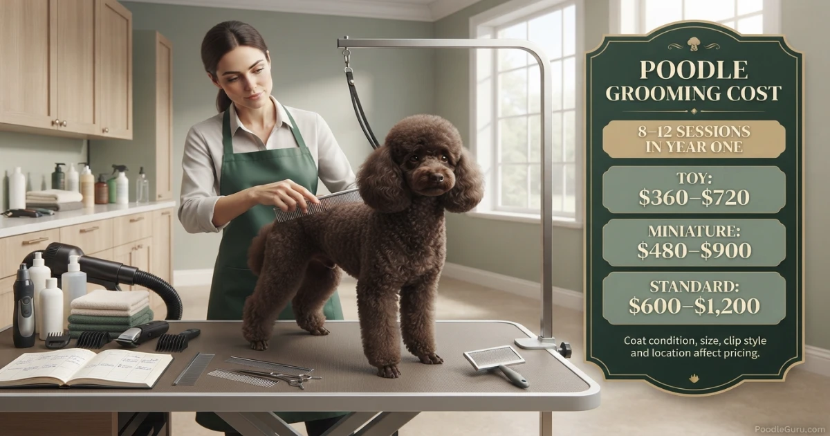 Miniature Poodle being professionally groomed, illustrating recurring grooming costs