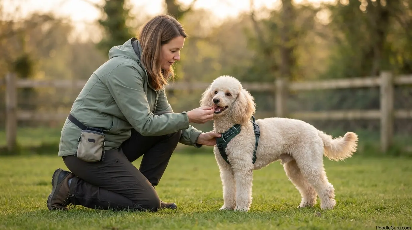 Owner rewarding a Poodle after a successful recall with a high-value treat