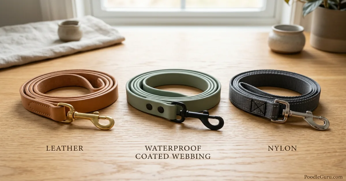 Leather, coated webbing and flat nylon dog leashes compared for Poodles