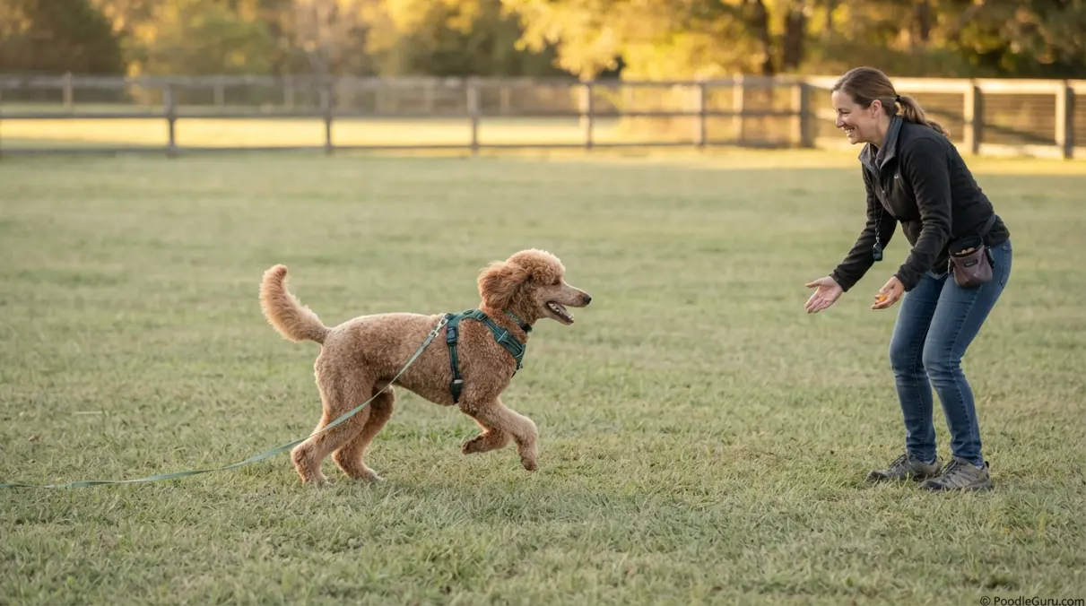 Poodle practicing recall safely on a long line attached to a harness