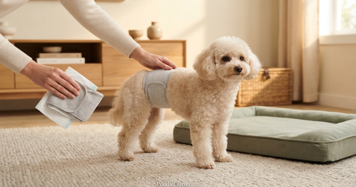 Poodle marking indoors solution using a comfortable belly band for temporary management