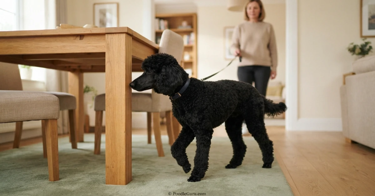Poodle marking indoors solution cue with Standard Poodle sniffing a table leg