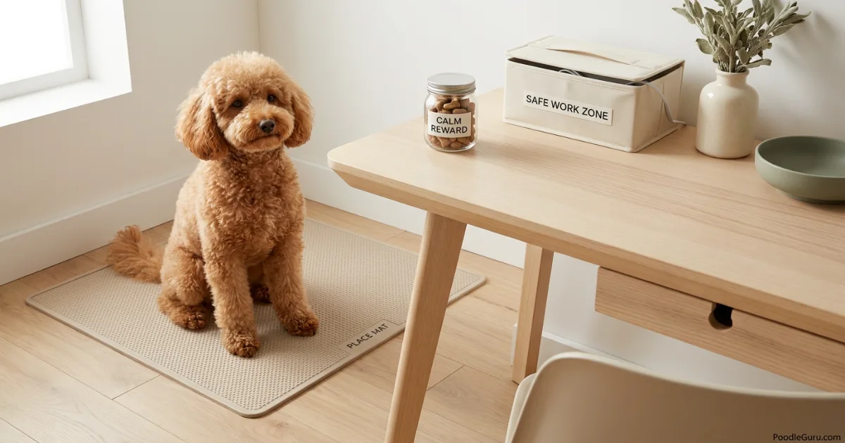 Miniature Poodle calmly staying on a place mat beside a home office