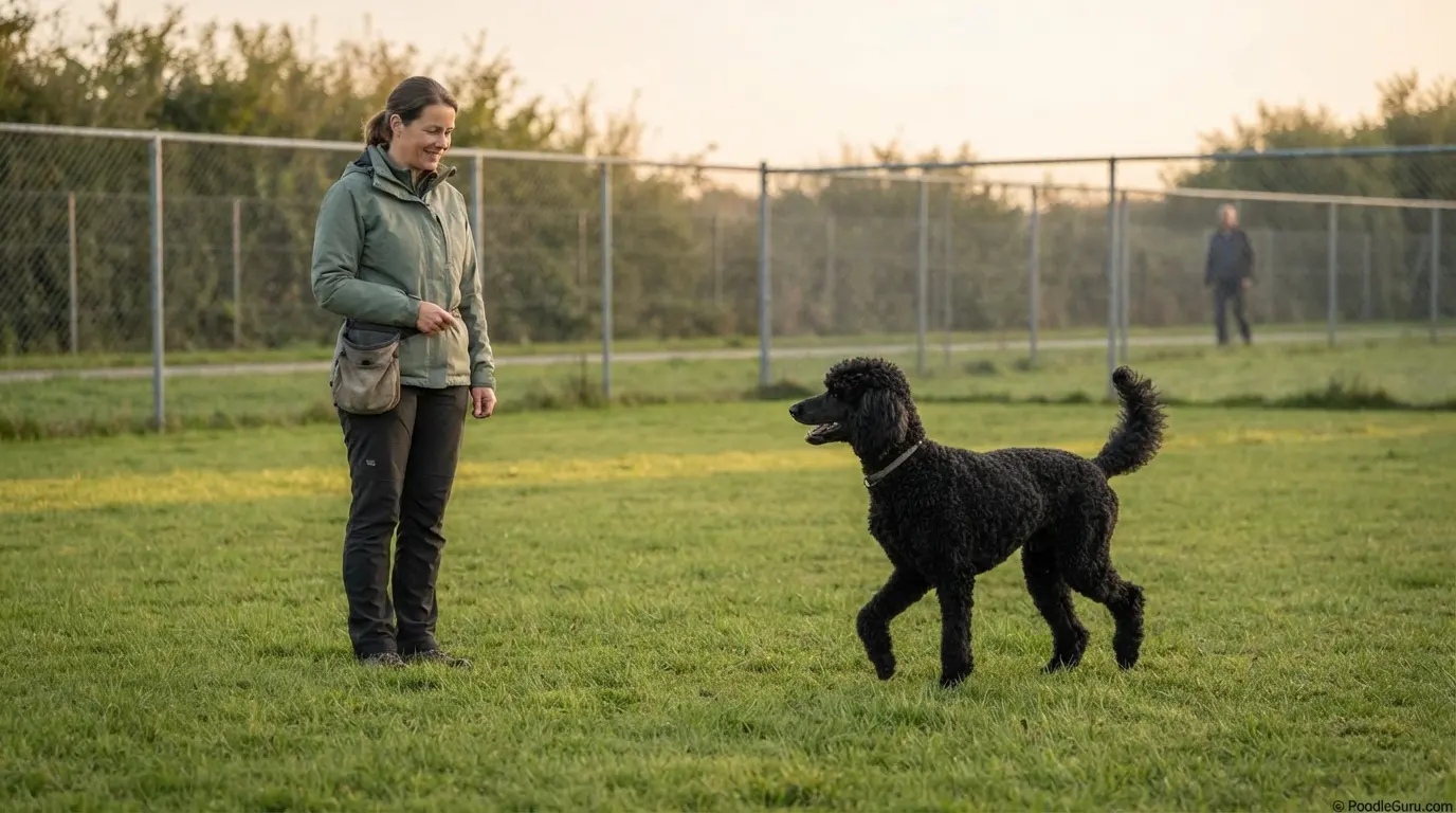 Standard Poodle checking in with owner during recall proofing in a fenced field