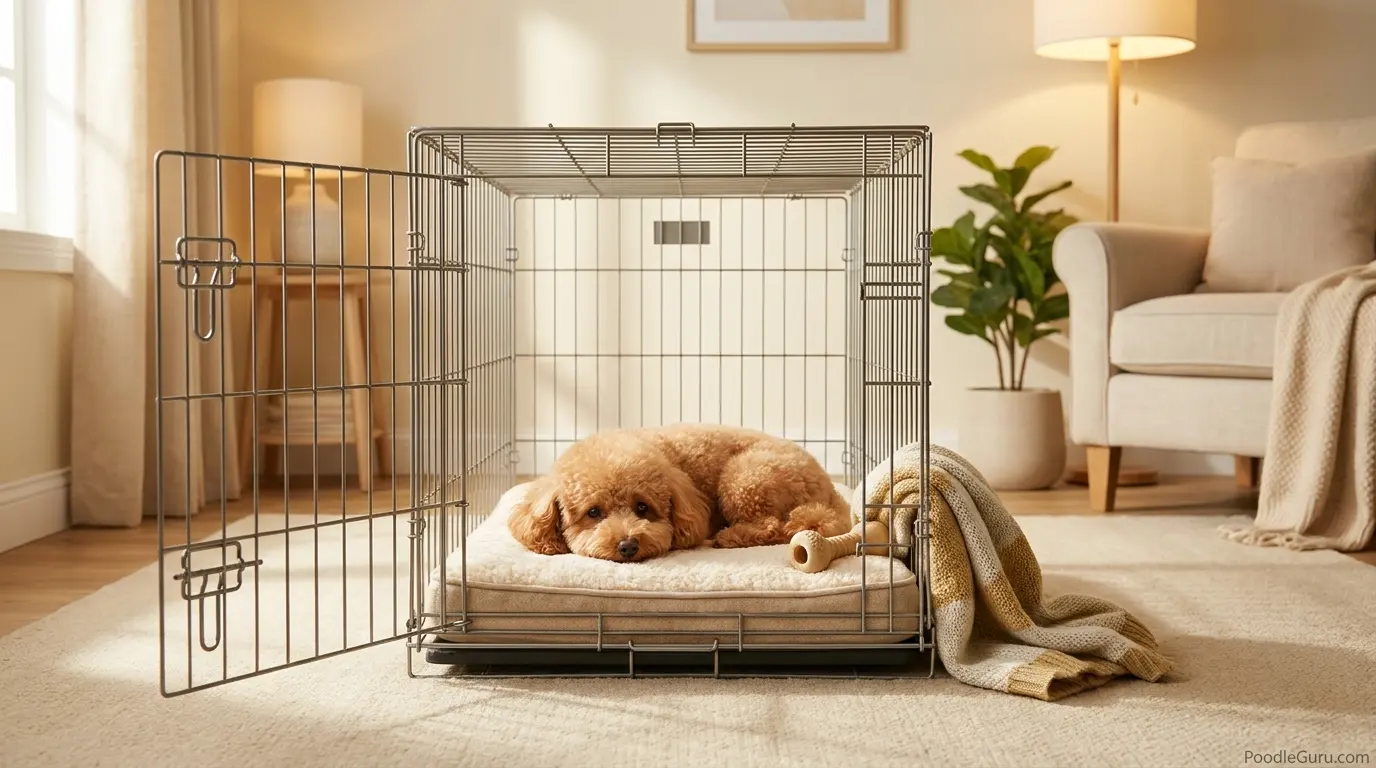 Toy Poodle relaxing in an open crate used as an optional safe resting space