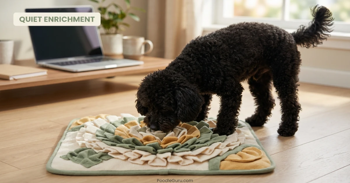 Toy Poodle using a snuffle mat while its owner works from home