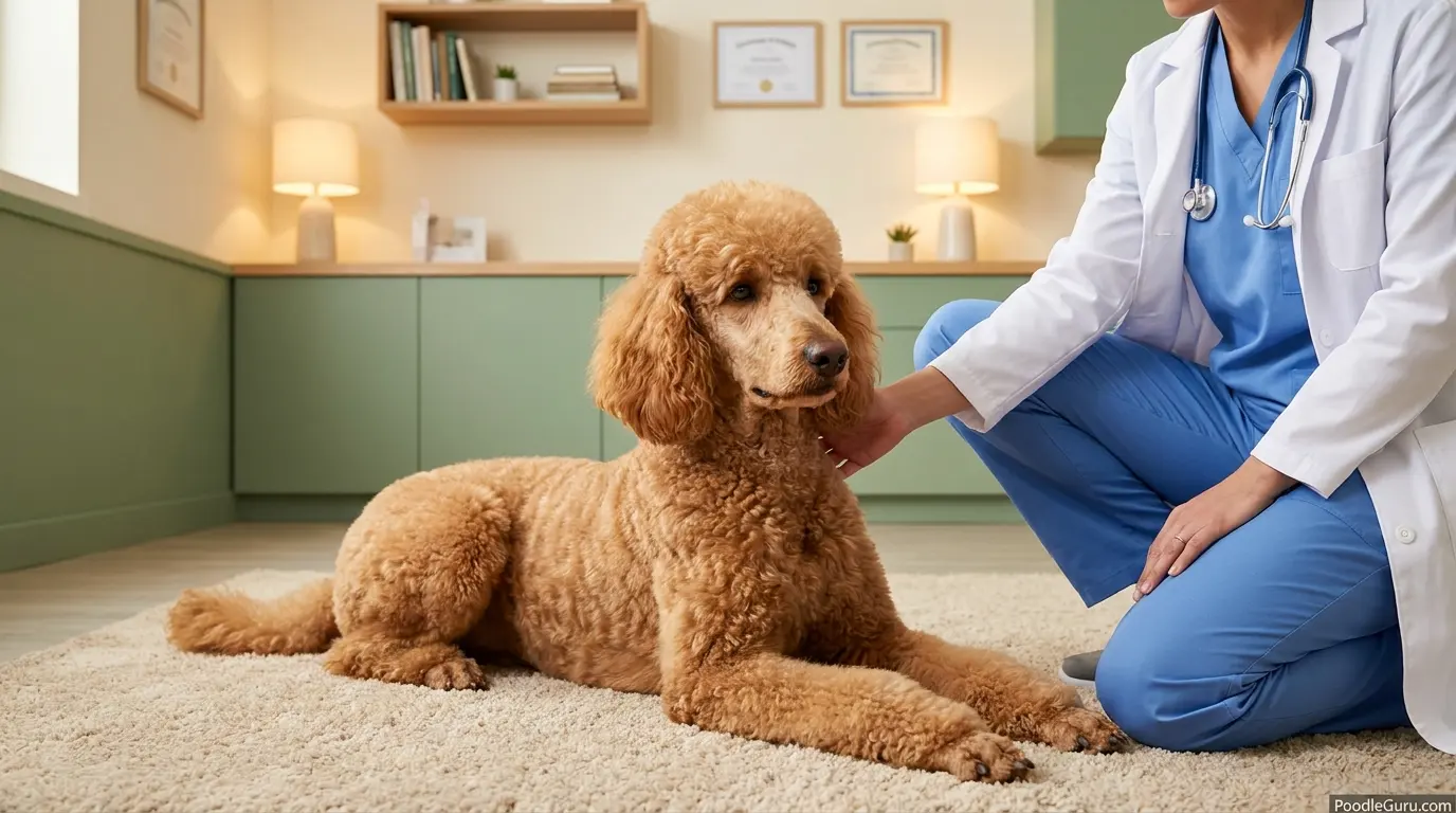 Standard Poodle calmly attending a veterinary behavior consultation for separation anxiety