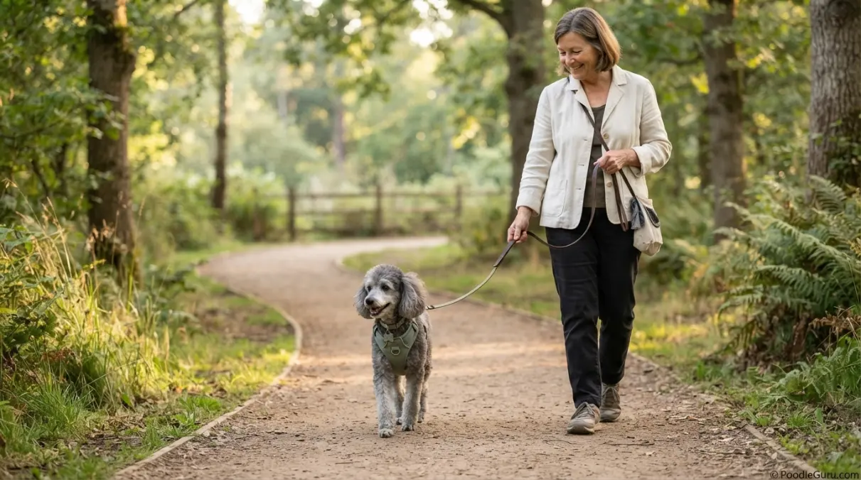 Senior Miniature Poodle taking a gentle walk on a soft trail with a supportive harness