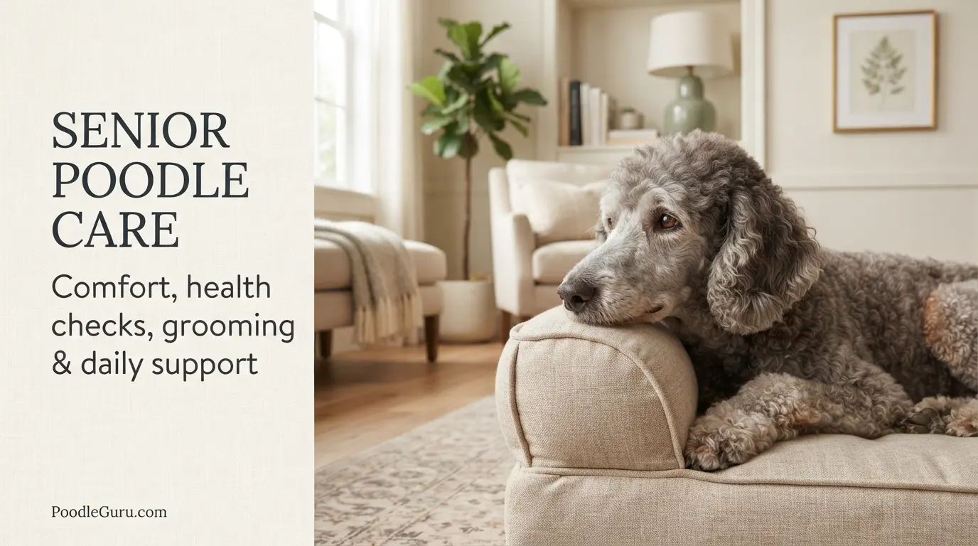 Senior Poodle care guide showing an older Standard Poodle resting comfortably on an orthopedic bed