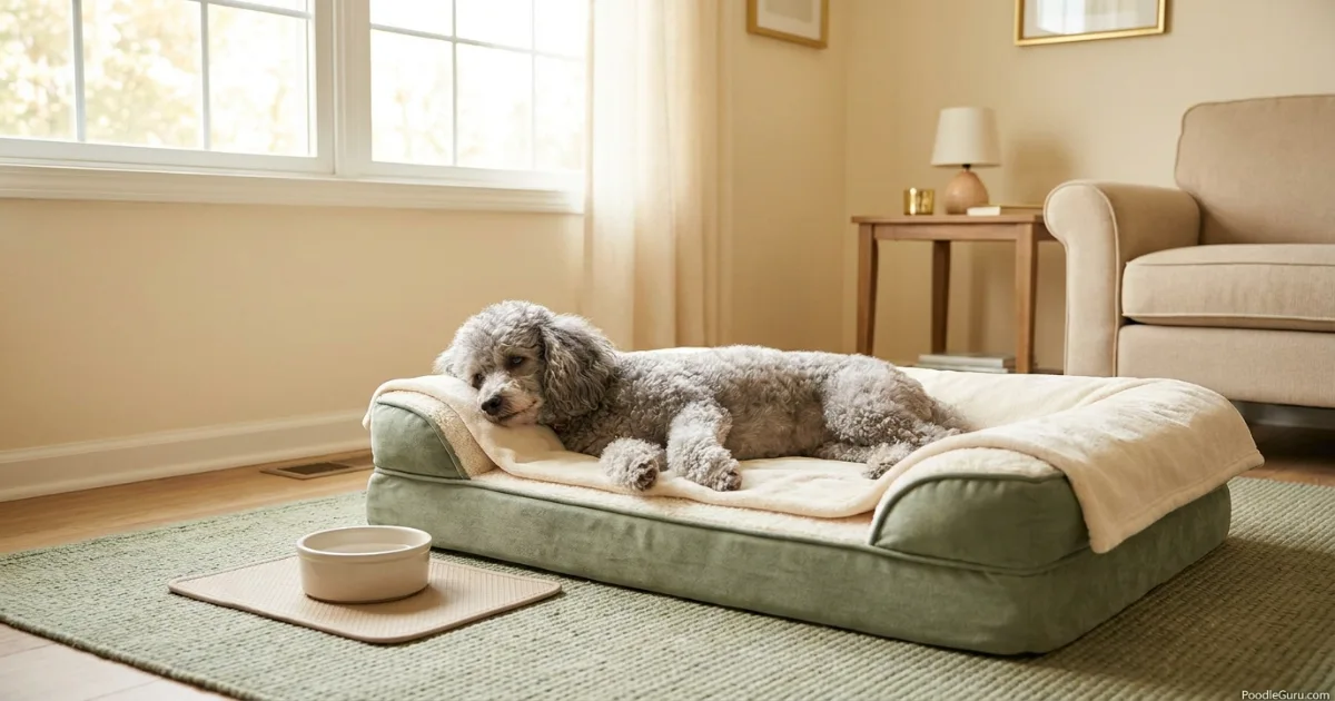 Senior Miniature Poodle resting comfortably on an orthopedic memory-foam bed