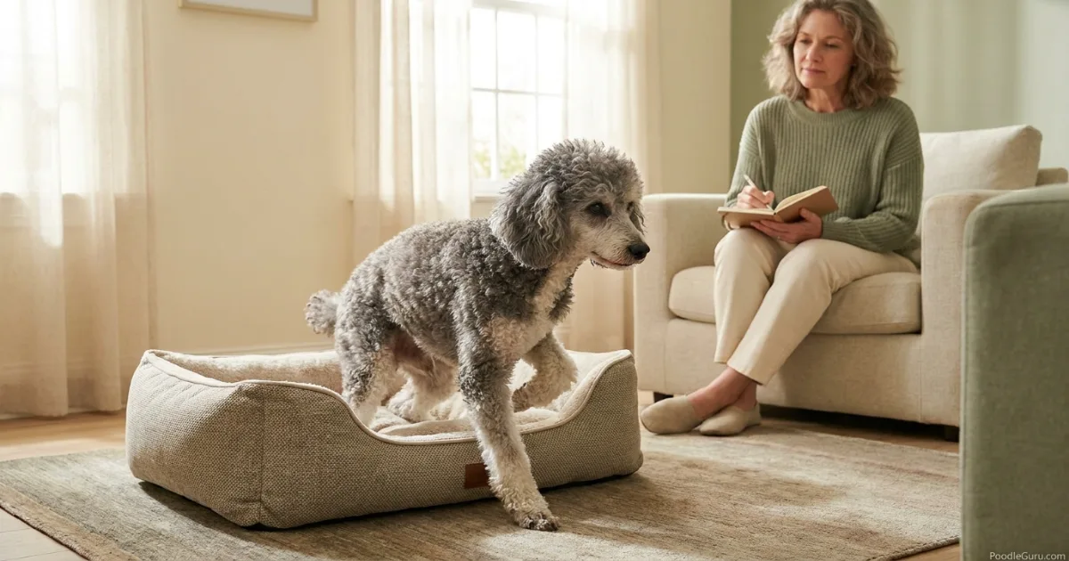 Owner observing signs a senior Poodle is in pain as the dog rises stiffly from bed