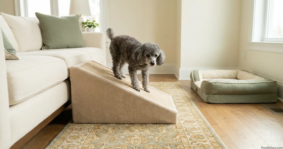Senior Poodle using a ramp and non-slip runner to reduce painful jumping at home