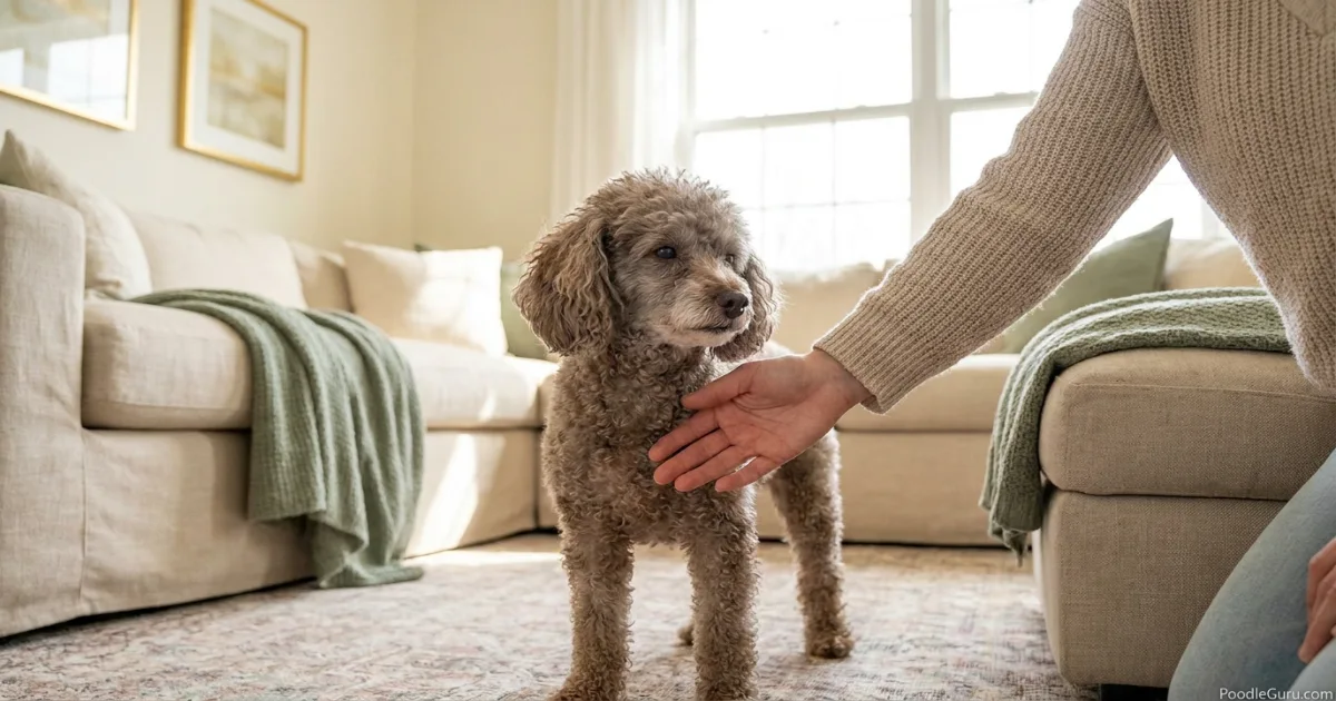 Owner noticing touch sensitivity during a gentle senior Poodle pain observation check