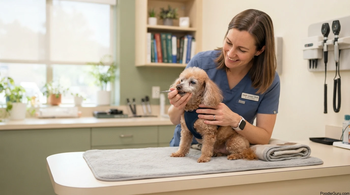 Veterinarian gently examining the teeth of a senior Toy Poodle during a wellness visit