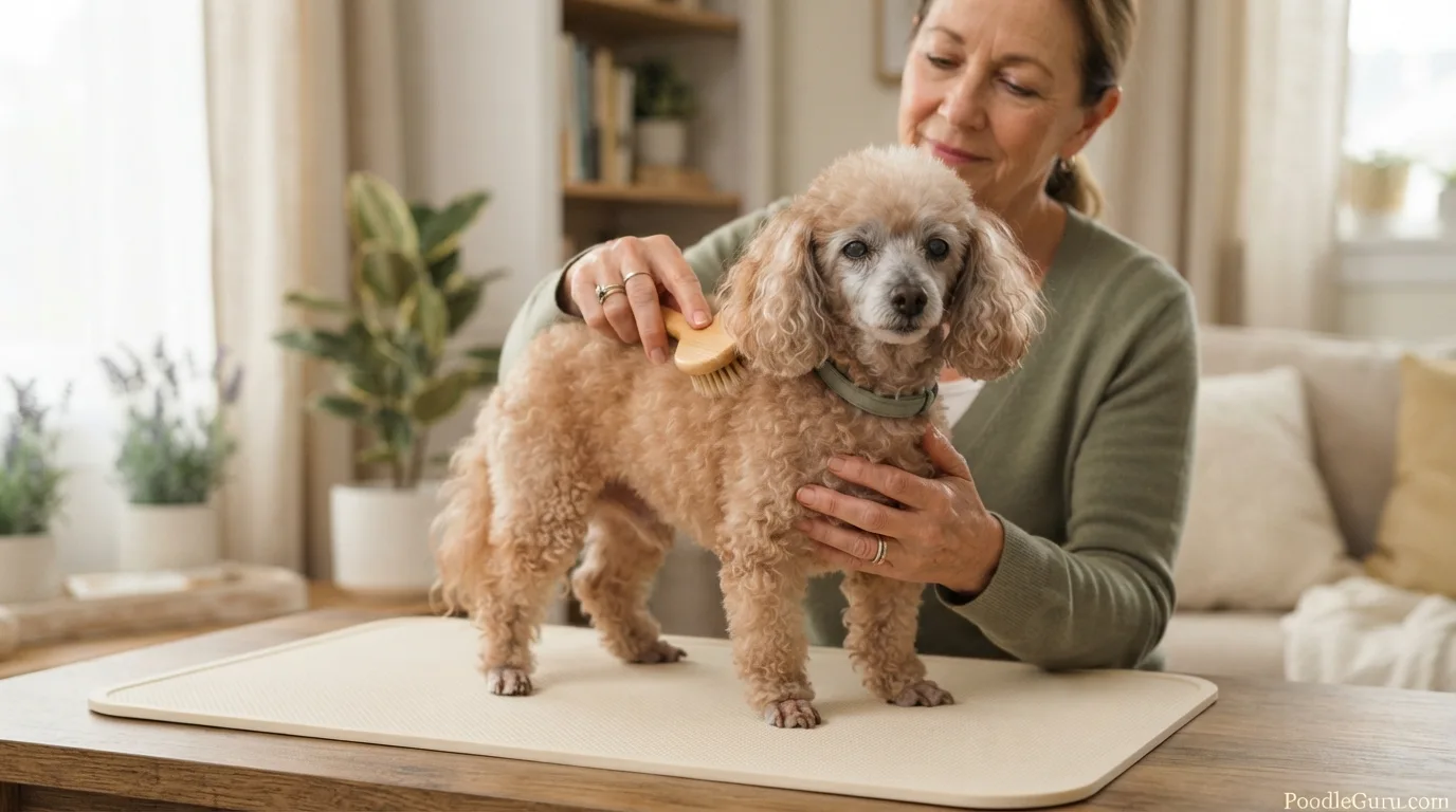 Senior Toy Poodle receiving gentle brushing on a non-slip grooming mat