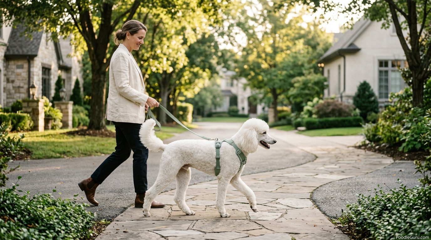 Standard Poodle wearing a properly fitted walking harness on a relaxed walk