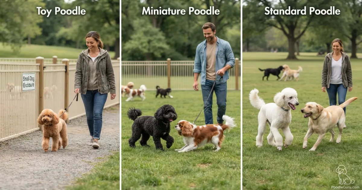 Toy Miniature and Standard Poodle dog park safety strategies by size