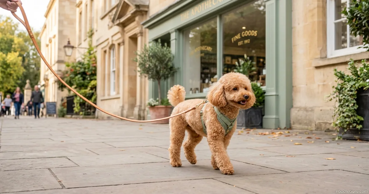 Toy Poodle wearing a fitted harness connected to a lightweight leash