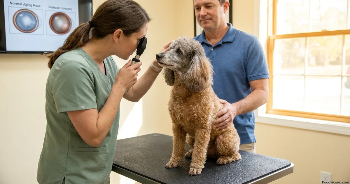 Veterinarian examining a senior Miniature Poodle's cloudy eyes during a wellness visit