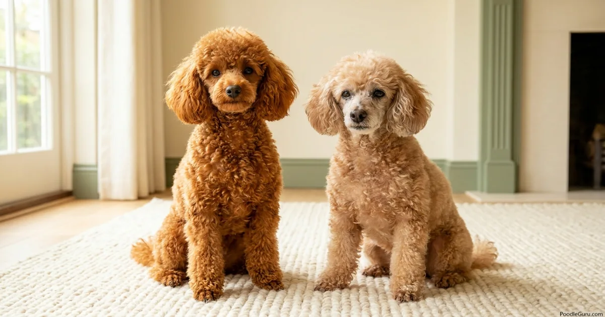 Young and senior Toy Poodles showing differences in muzzle color, posture, and expression