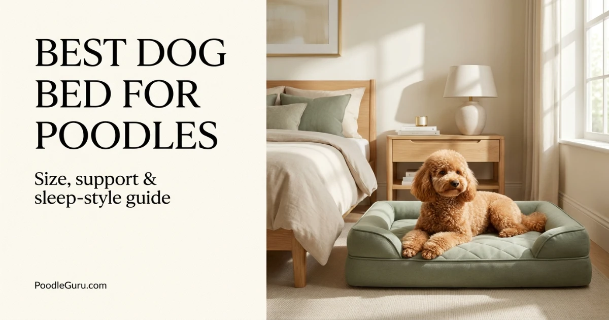 Apricot Miniature Poodle resting on a supportive sage green dog bed