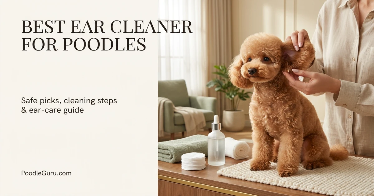Groomed apricot Poodle beside a gentle ear cleaner setup in a bright home grooming space