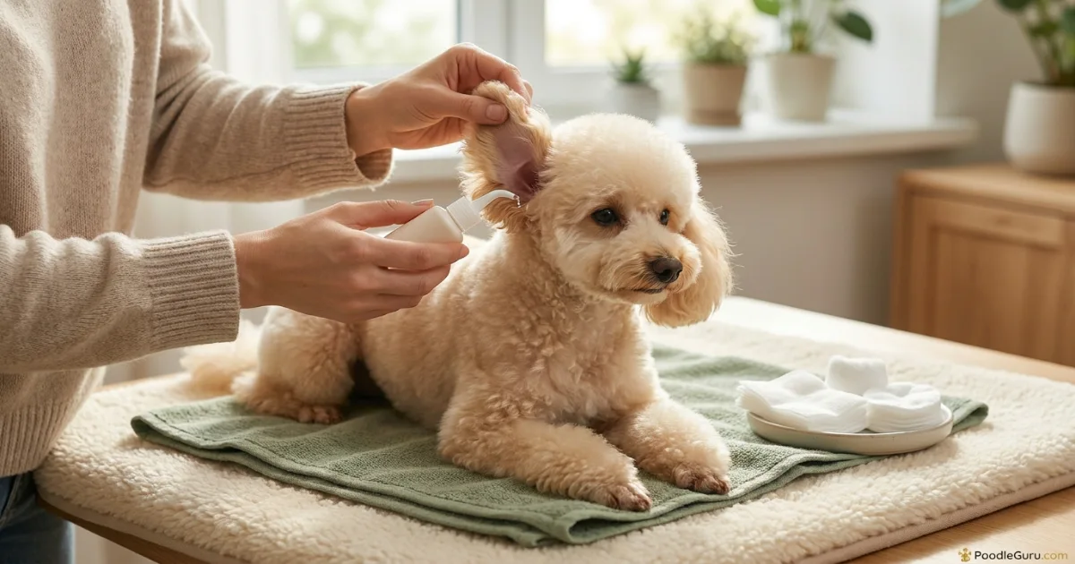 Owner using dog ear cleaner and gauze to safely clean a Poodle ear at home
