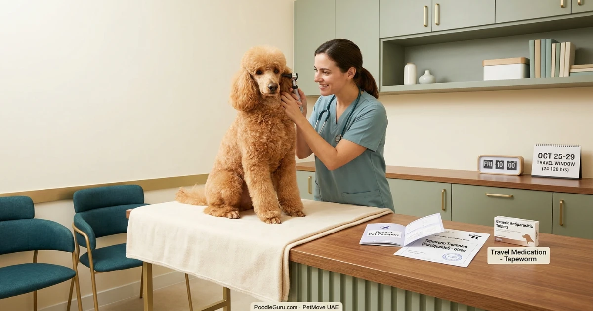 Poodle preparing for UK pet travel tapeworm treatment requirement