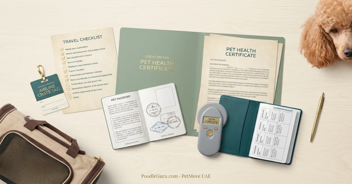 Microchip vaccination and pet health certificate documents for Dubai to UK pet relocation