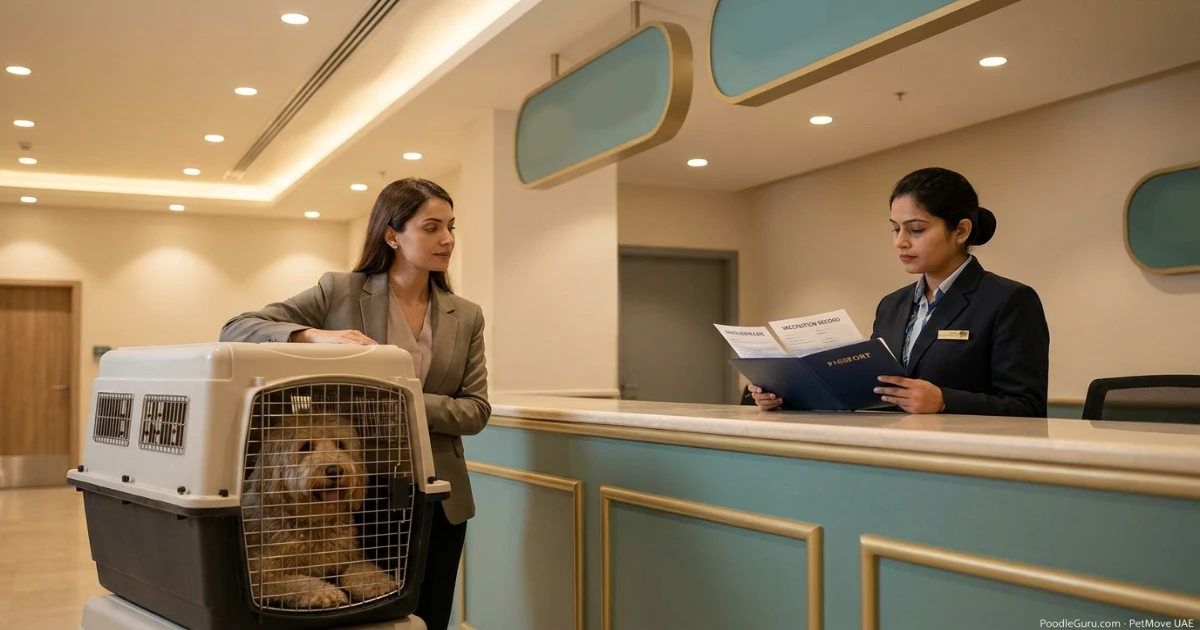 Pet owner with dog travel crate completing animal quarantine clearance at an Indian airport