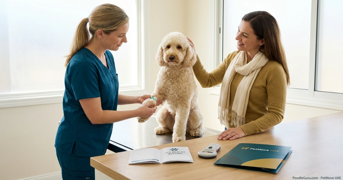 Veterinarian preparing a calm dog for a rabies antibody titre test before travel from India to UAE