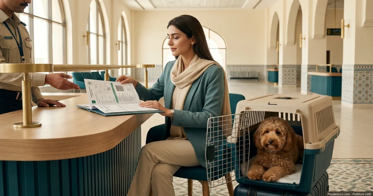 Pet owner and travel crate at a Pakistan animal quarantine clearance counter
