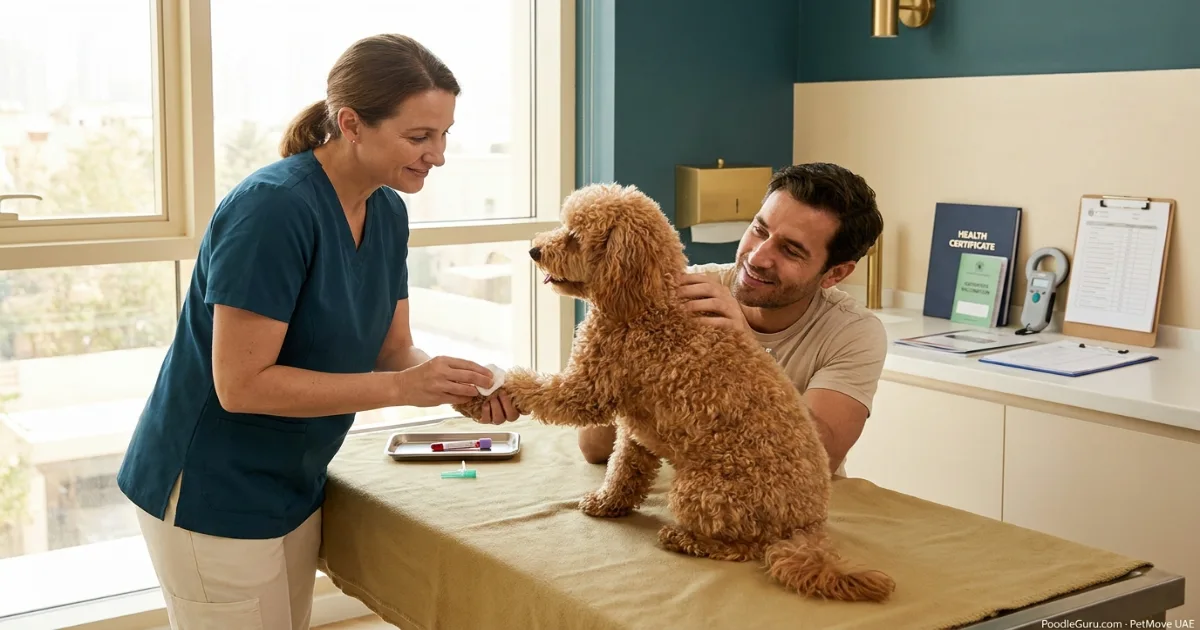 Veterinarian preparing a calm dog for a rabies antibody titre test before travel from Pakistan to UAE