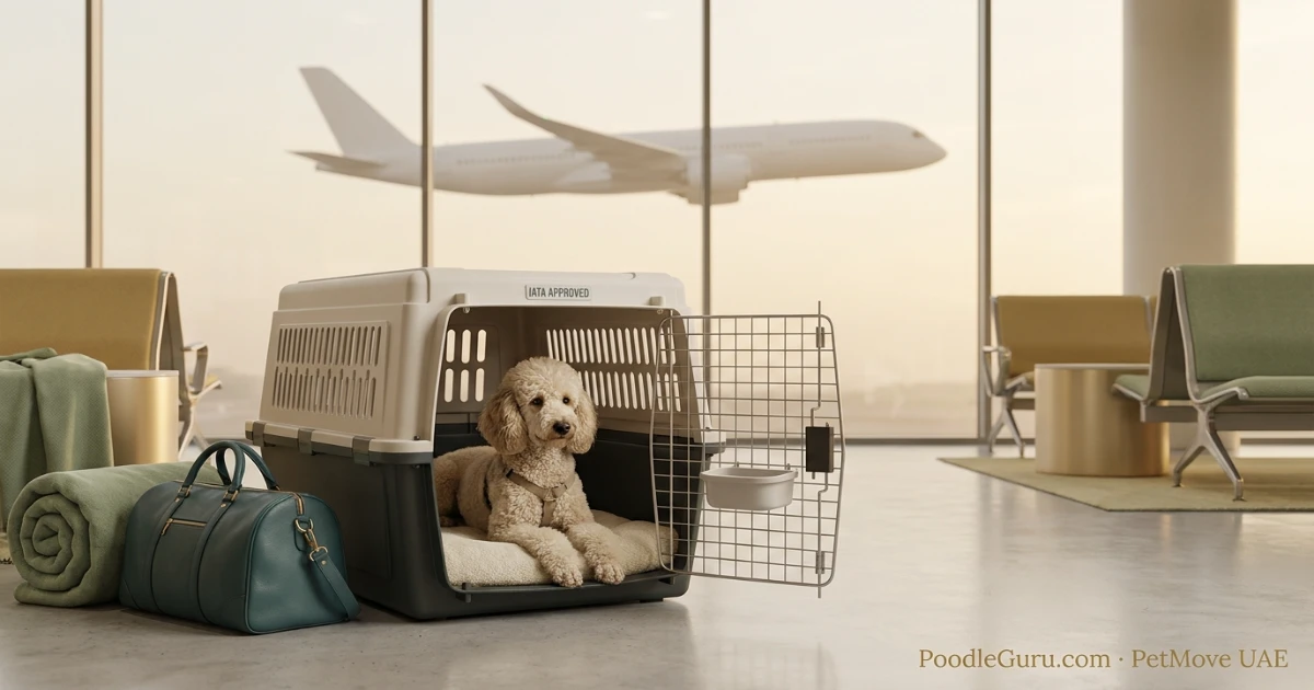 Poodle in airline travel crate for pet relocation between Dubai and Philippines