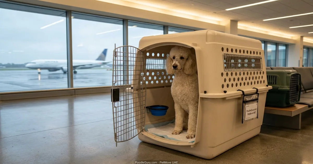 Poodle in airline travel crate for pet relocation between Dubai and Great Britain