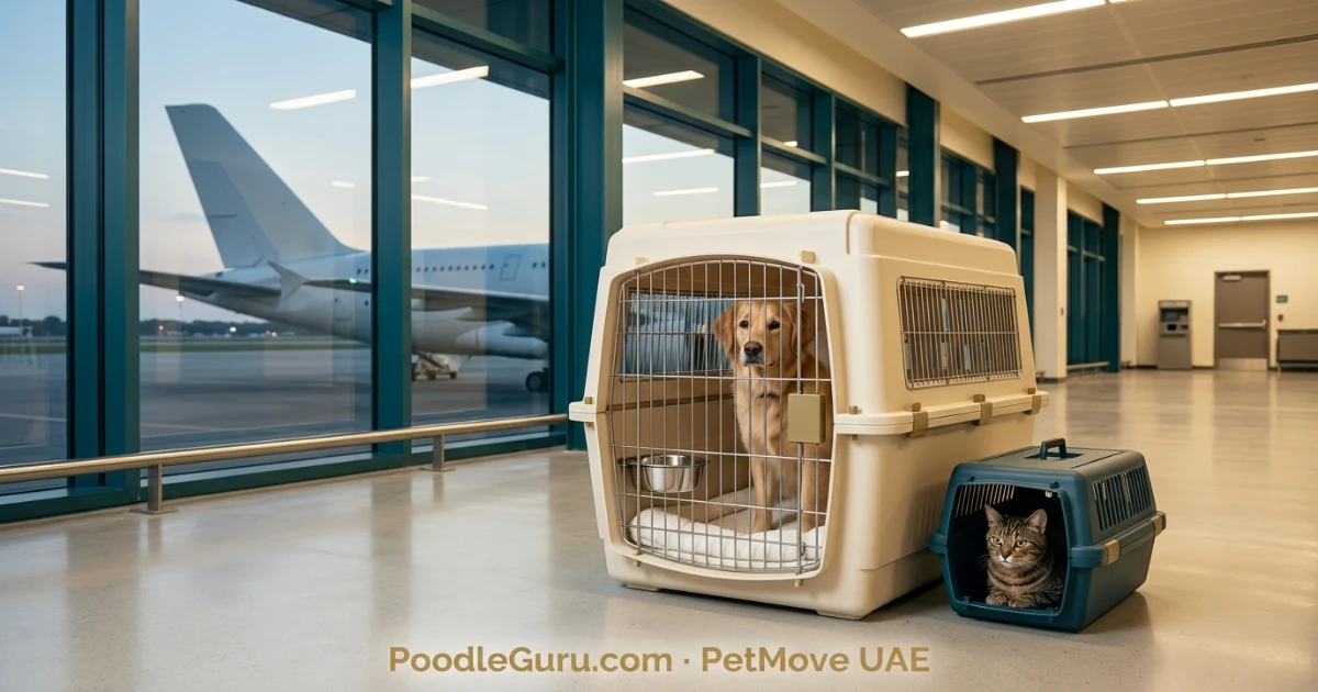 IATA style pet travel crate beside aircraft representing airline pet travel between UAE and India