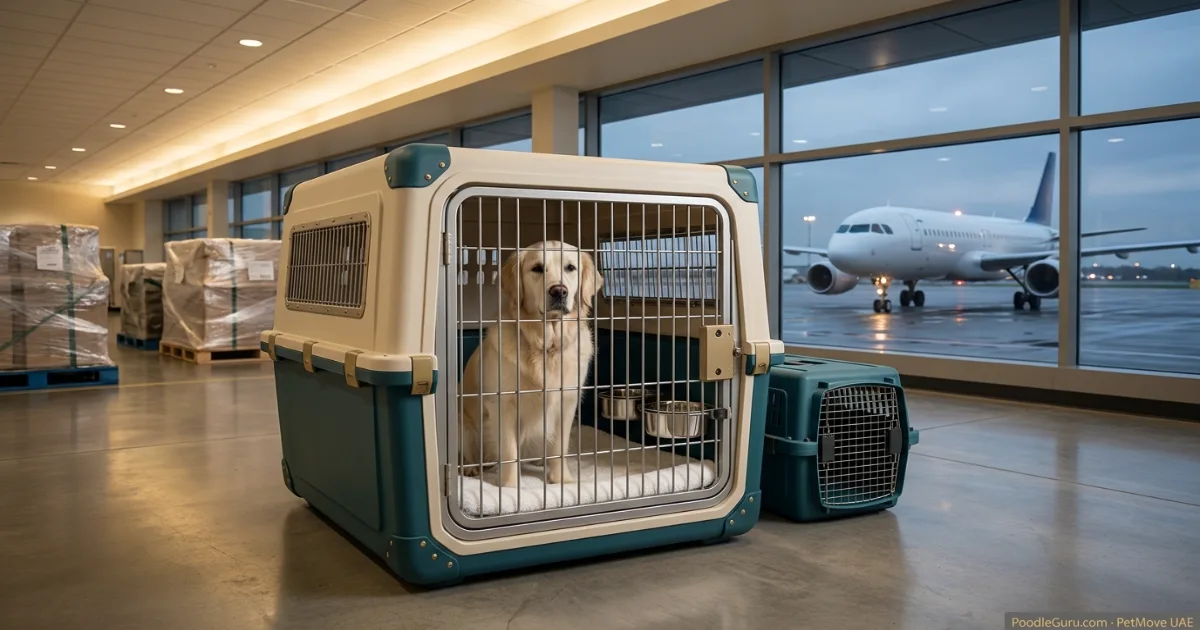 IATA style pet travel crate beside aircraft representing airline pet travel between UAE and Pakistan