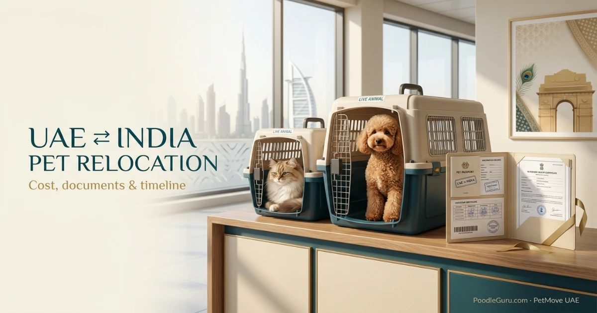 Dog and cat in airline travel carriers representing pet relocation between Dubai and India