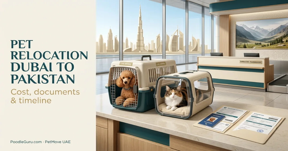 Dog and cat in airline travel carriers representing pet relocation between Dubai and Pakistan