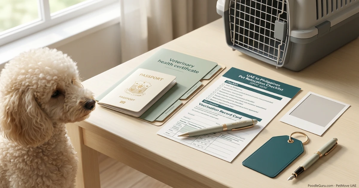 Pet relocation documents including microchip vaccination record health certificate and travel crate