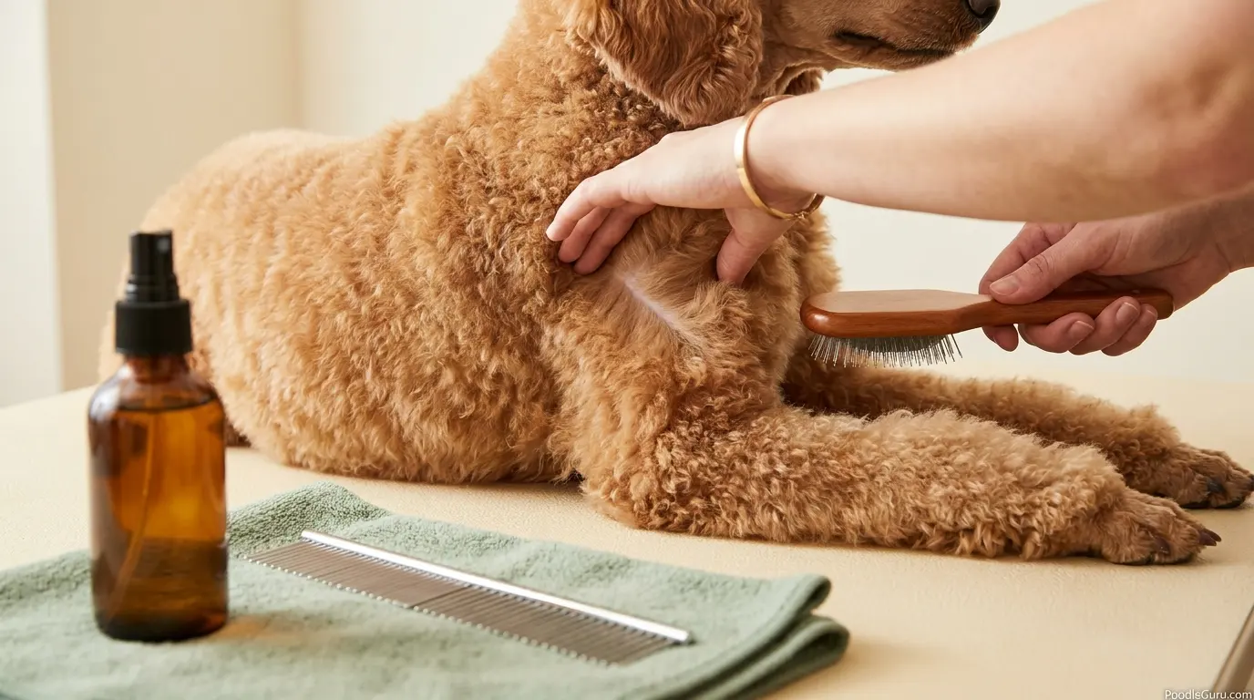 Line brushing a Poodle coat with detangler spray, slicker brush, and metal comb