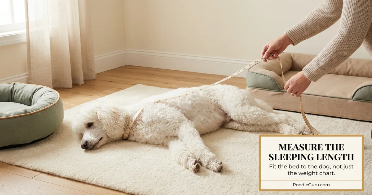 Owner measuring a Standard Poodle in a stretched sleeping position to choose the correct dog bed size