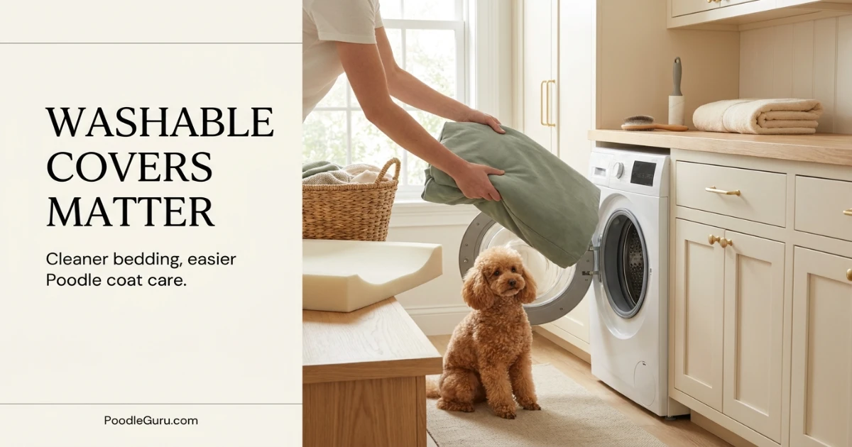 Removable dog bed cover being cleaned beside a groomed Poodle in a tidy laundry area