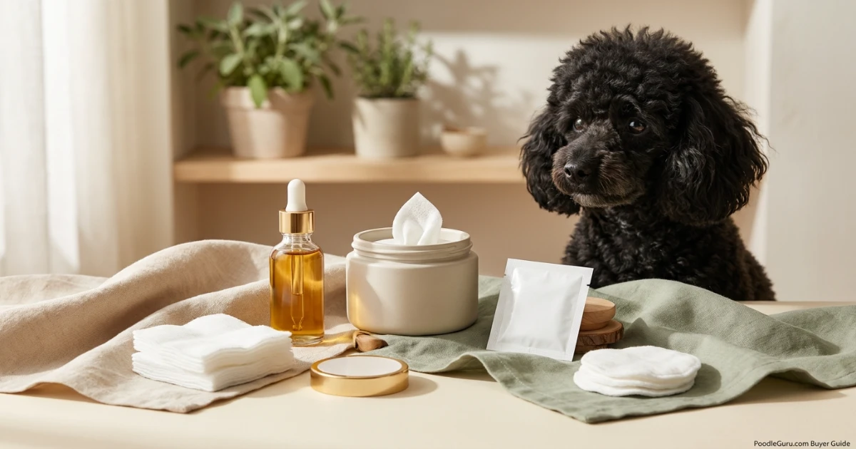 Dog ear cleaner bottles, wipes, and cotton pads arranged in a clean poodle grooming setup